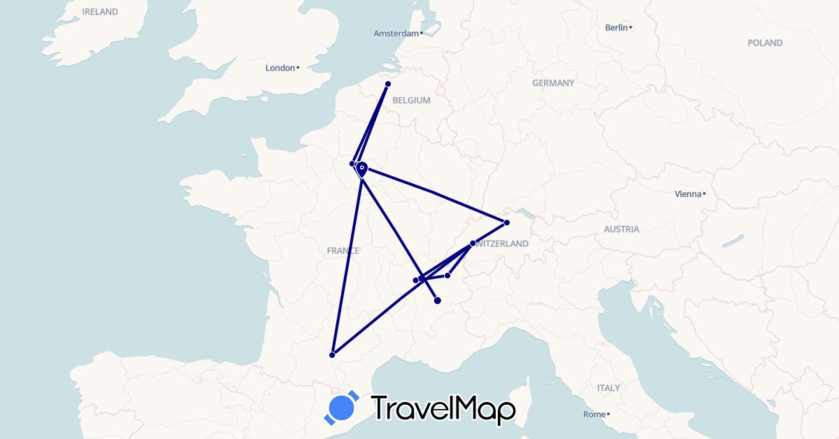 TravelMap itinerary: driving in Belgium, Switzerland, France (Europe)